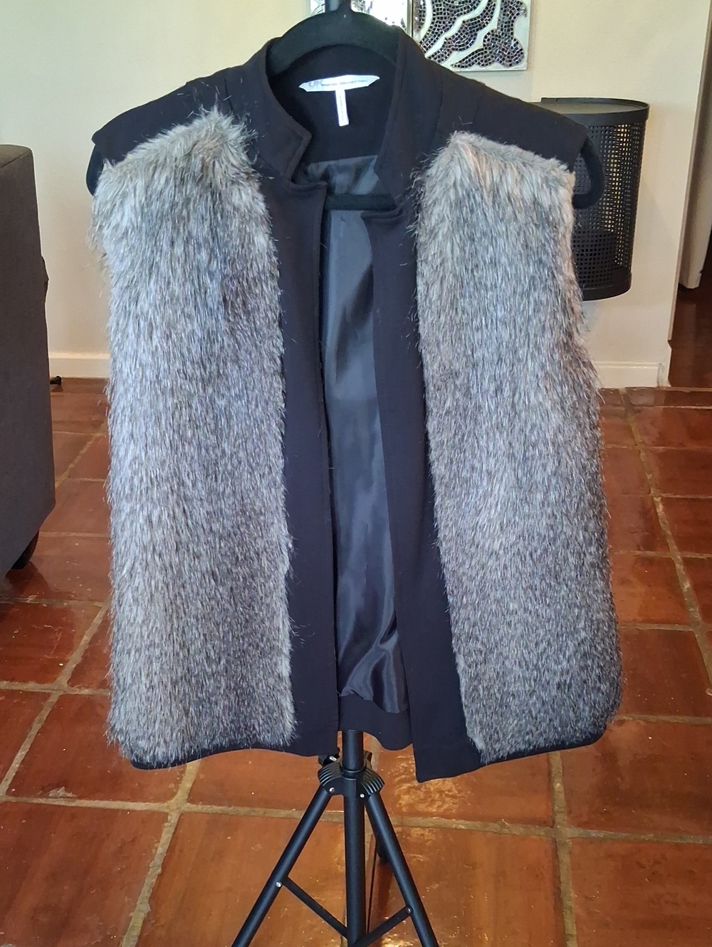 French Connection Black Vest with Gray Faux Fur Front